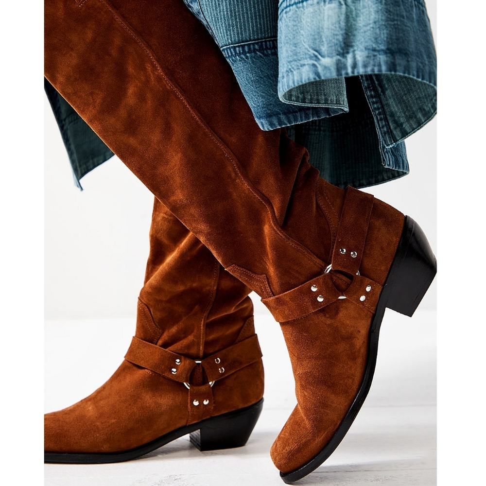 Free People Lockhart Leather Suede Cowboy Knee High Harness Slouch Boots